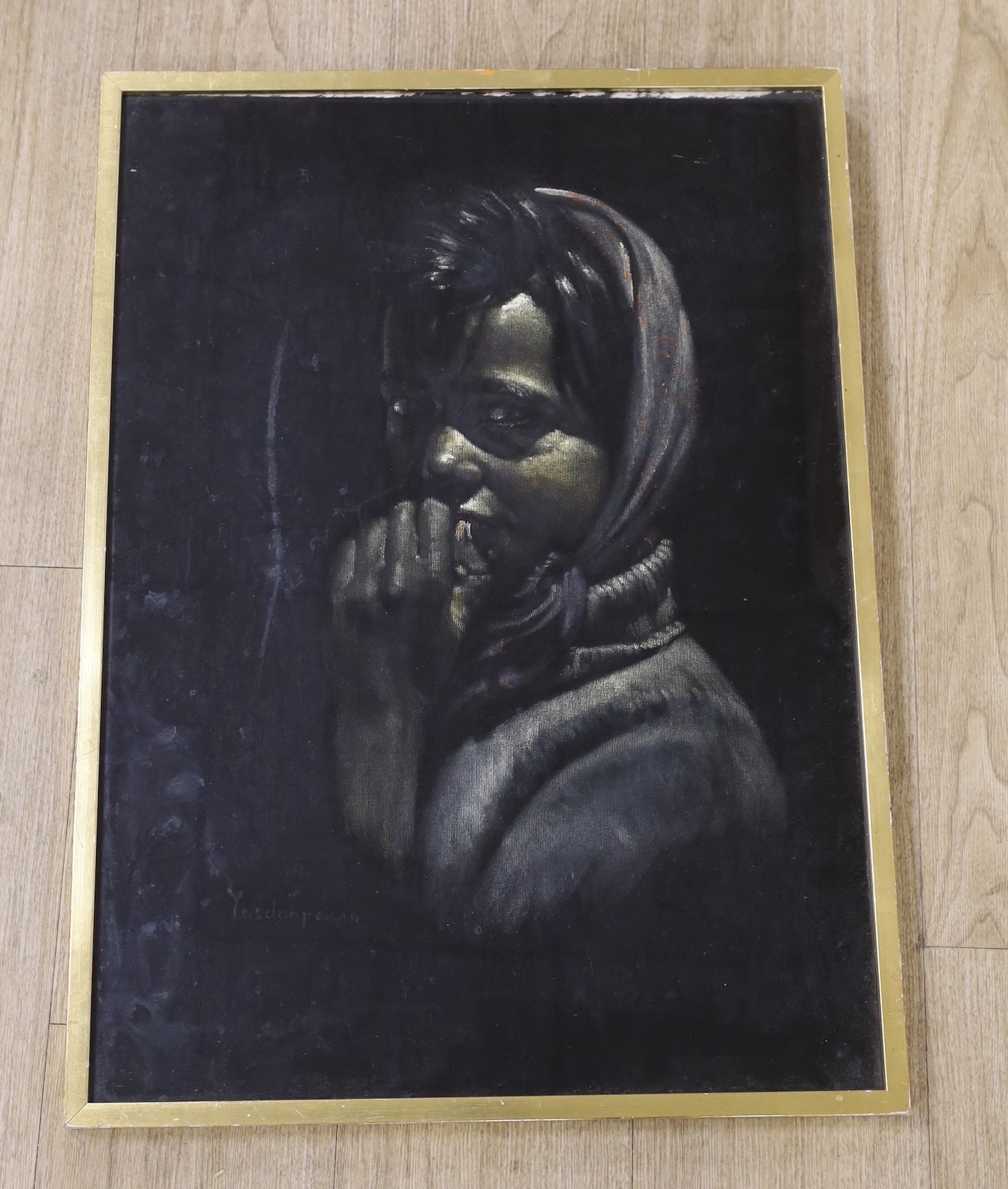 Yosdoapanab, oil on fabric, Portrait of a child wearing a headscarf, signed, 66 x 48cm